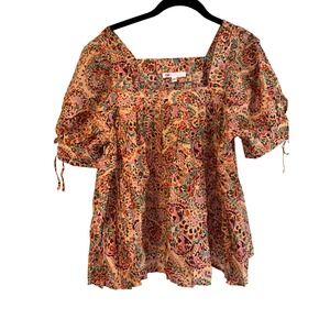 DR2 Floral Print Top Square Neck Puff Sleeve Blouse Bohemian Style Size S‎